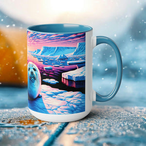 Baby Harp Seal Woodcut Mug | Arctic Wildlife Ceramic Cup | 15oz White Coffee Mug for Seal Enthusiasts | Eco Ocean Conservation Gift - Chromatic Safari - Blue -