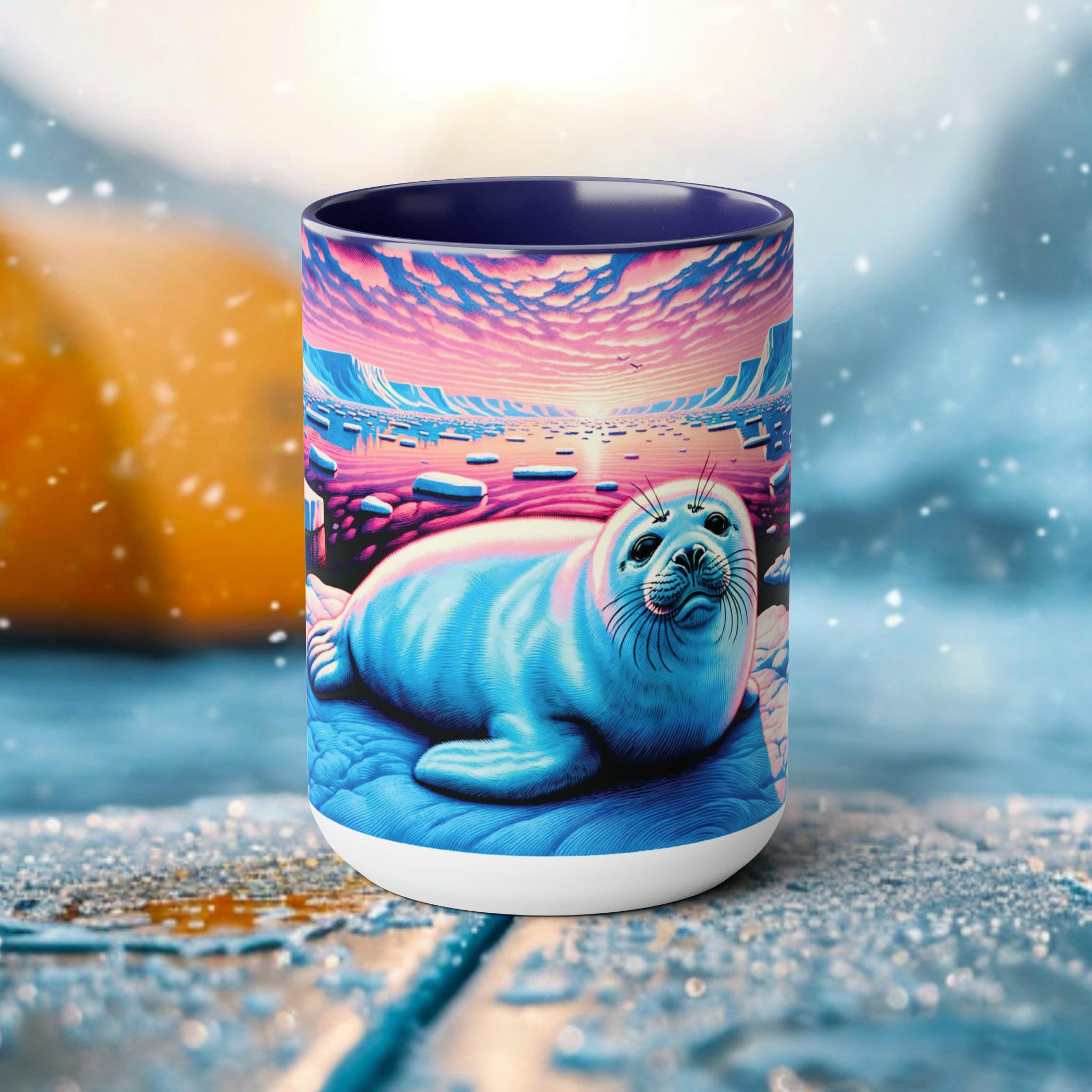 Baby Harp Seal Woodcut Mug | Arctic Wildlife Ceramic Cup | 15oz White Coffee Mug for Seal Enthusiasts | Eco Ocean Conservation Gift - Chromatic Safari - Blue -