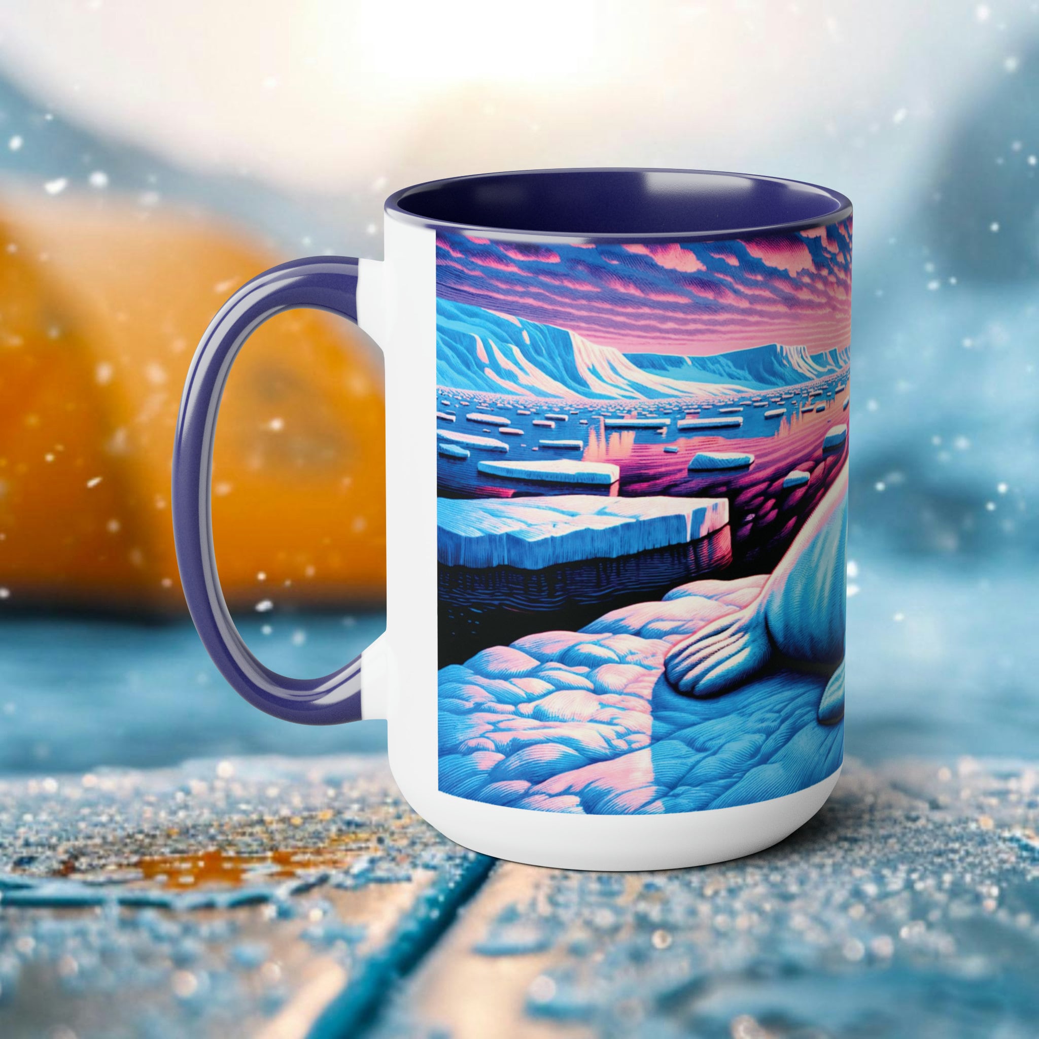 Baby Harp Seal Woodcut Mug | Arctic Wildlife Ceramic Cup | 15oz White Coffee Mug for Seal Enthusiasts | Eco Ocean Conservation Gift - Chromatic Safari - Blue -