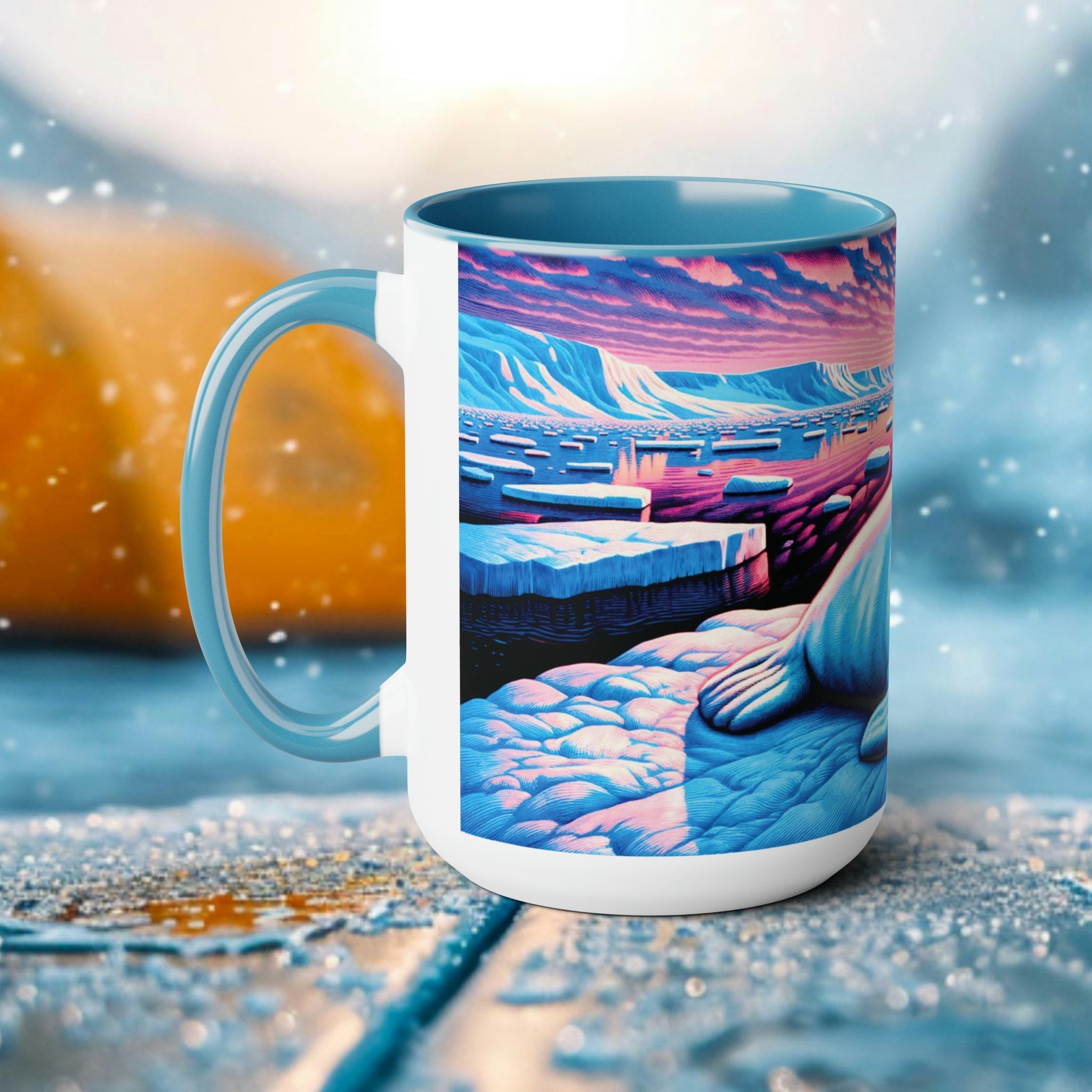 Baby Harp Seal Woodcut Mug | Arctic Wildlife Ceramic Cup | 15oz White Coffee Mug for Seal Enthusiasts | Eco Ocean Conservation Gift - Chromatic Safari - Blue -