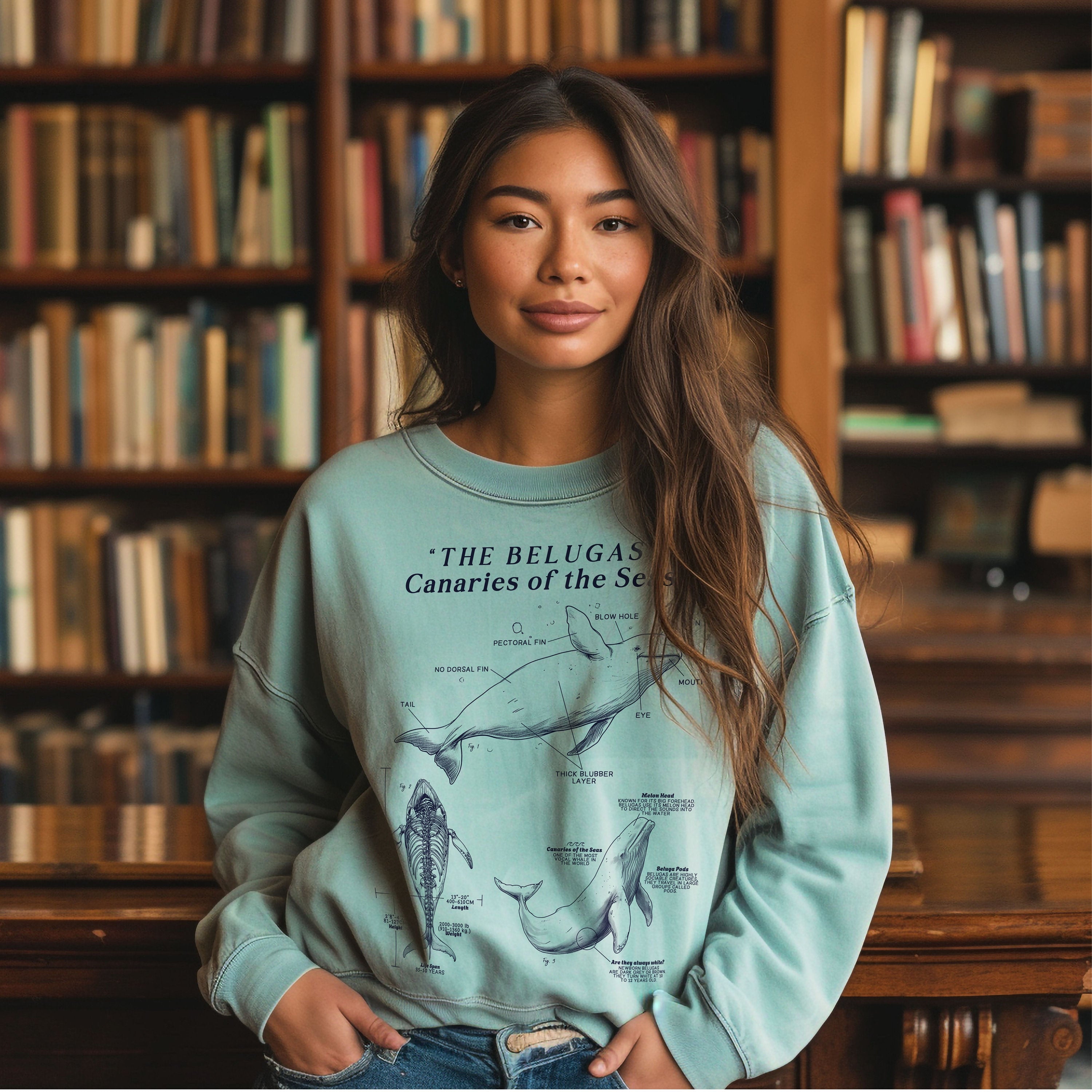 Beluga Whales Anatomy Sweatshirt, Ocean Marine Life Sweatshirt, Cute Sea Marine Animals Long Sleeves, Marine Biology Gift, Ocean Protect - Chromatic Safari - Chalky Mint - S