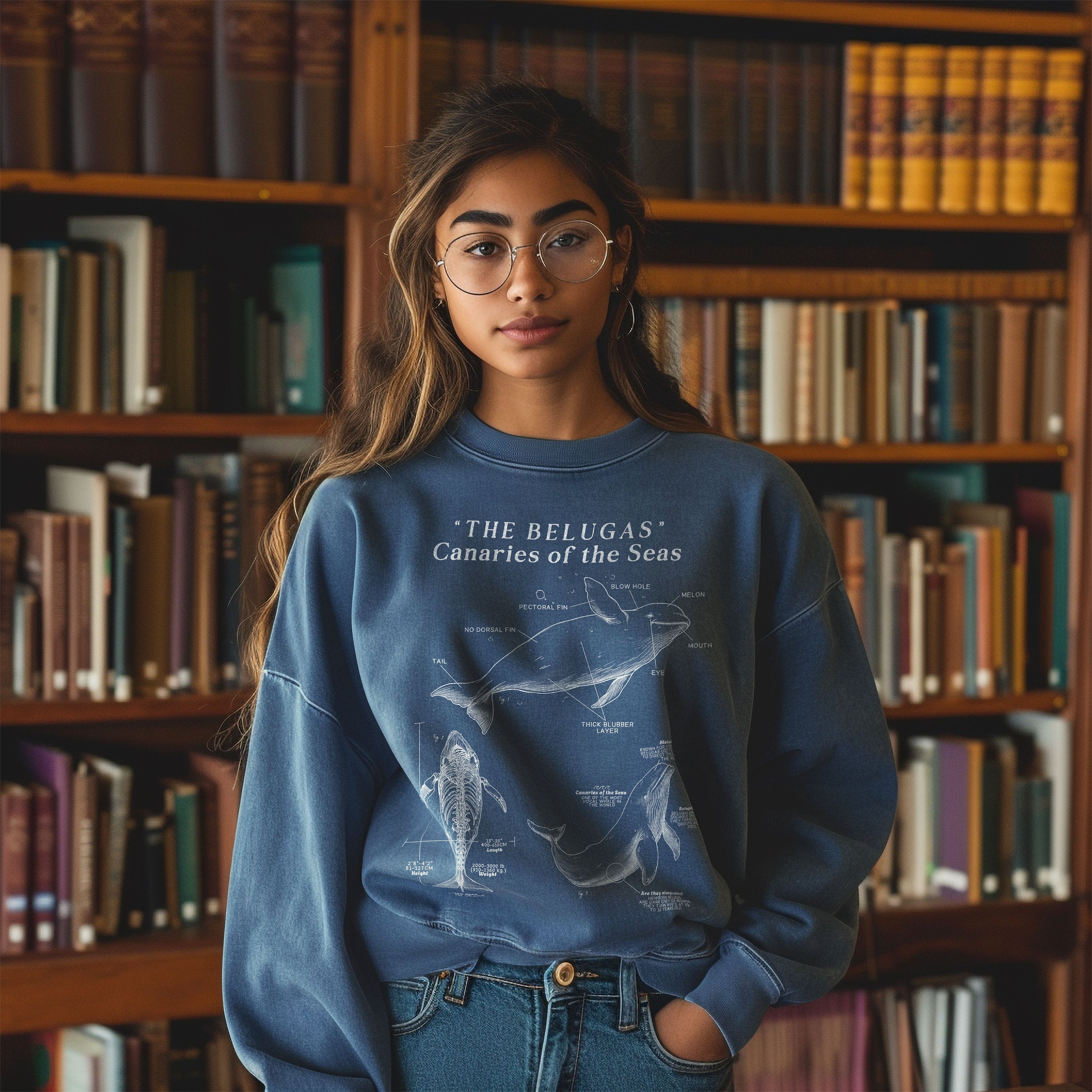 Beluga Whales Anatomy Sweatshirt, Ocean Marine Life Sweatshirt, Cute Sea Marine Animals Long Sleeves, Marine Biology Gift, Ocean Protect - Chromatic Safari - Blue Jean - S