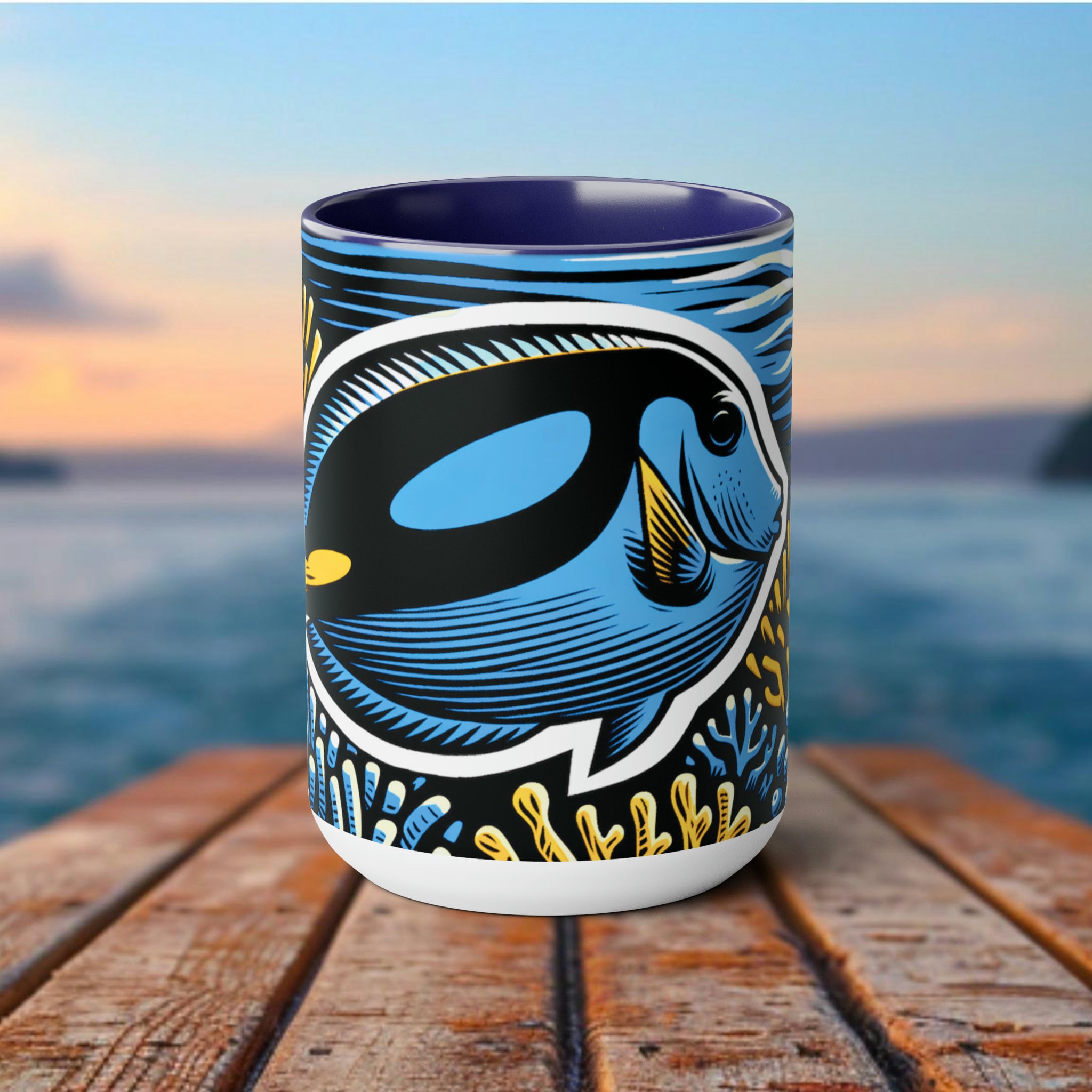 Blue Tang Coffee Mug Elegant Woodcut Design Drinkware - Unique Ocean Creature Cup, Artistic Blue Tang Fish, Gift for Marine Life Lover - Chromatic Safari - Blue -