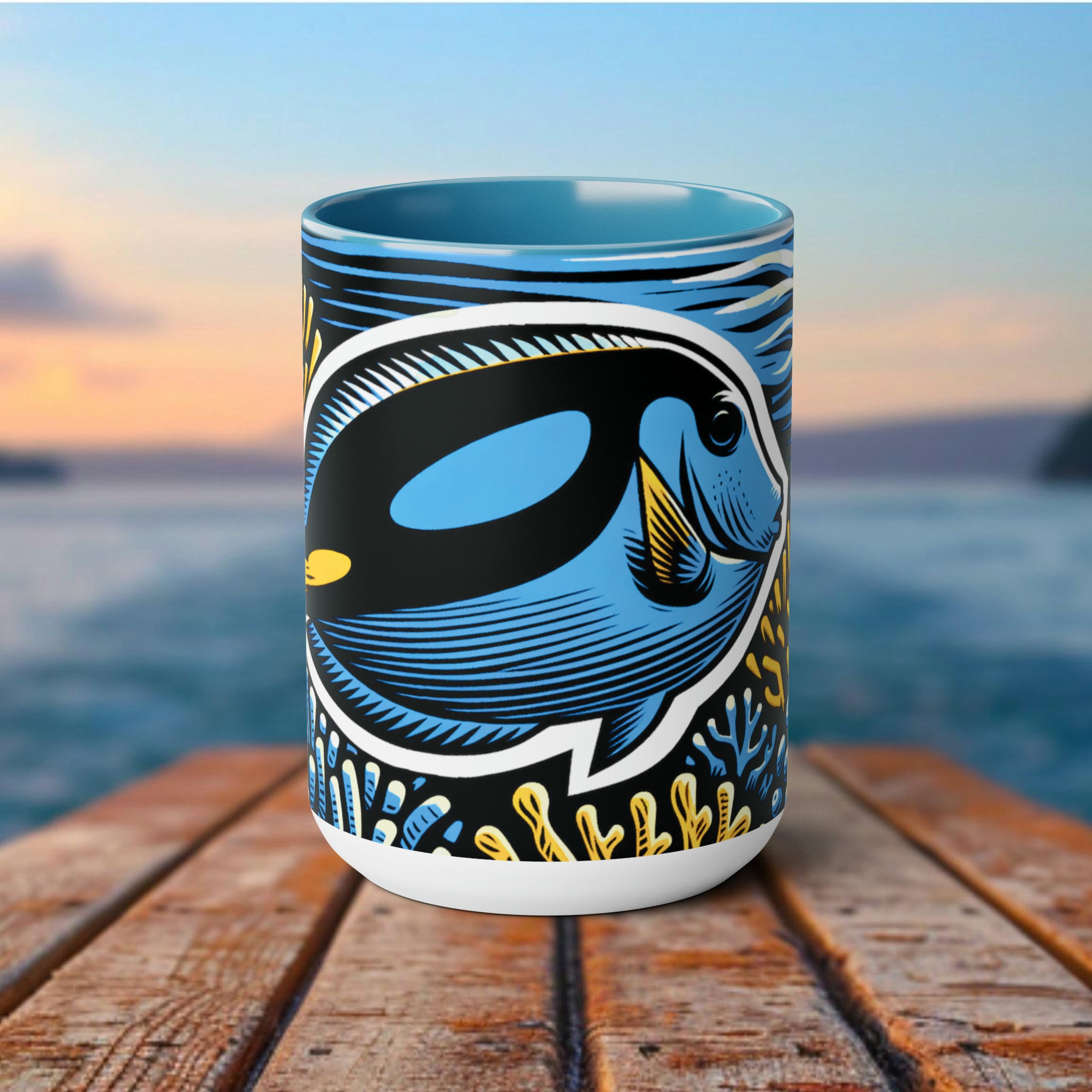 Blue Tang Coffee Mug Elegant Woodcut Design Drinkware - Unique Ocean Creature Cup, Artistic Blue Tang Fish, Gift for Marine Life Lover - Chromatic Safari - Light Blue -