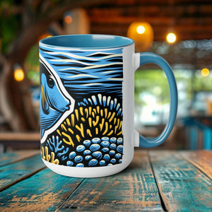 Blue Tang Coffee Mug Elegant Woodcut Design Drinkware - Unique Ocean Creature Cup, Artistic Blue Tang Fish, Gift for Marine Life Lover - Chromatic Safari - Light Blue -