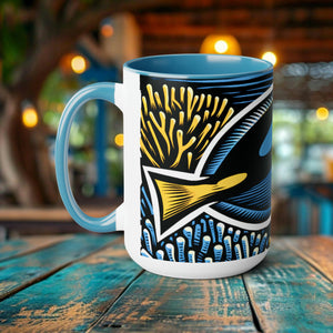 Blue Tang Coffee Mug Elegant Woodcut Design Drinkware - Unique Ocean Creature Cup, Artistic Blue Tang Fish, Gift for Marine Life Lover - Chromatic Safari - Light Blue -