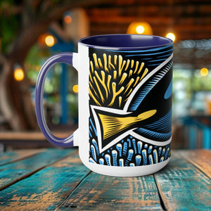 Blue Tang Coffee Mug Elegant Woodcut Design Drinkware - Unique Ocean Creature Cup, Artistic Blue Tang Fish, Gift for Marine Life Lover - Chromatic Safari - Blue -