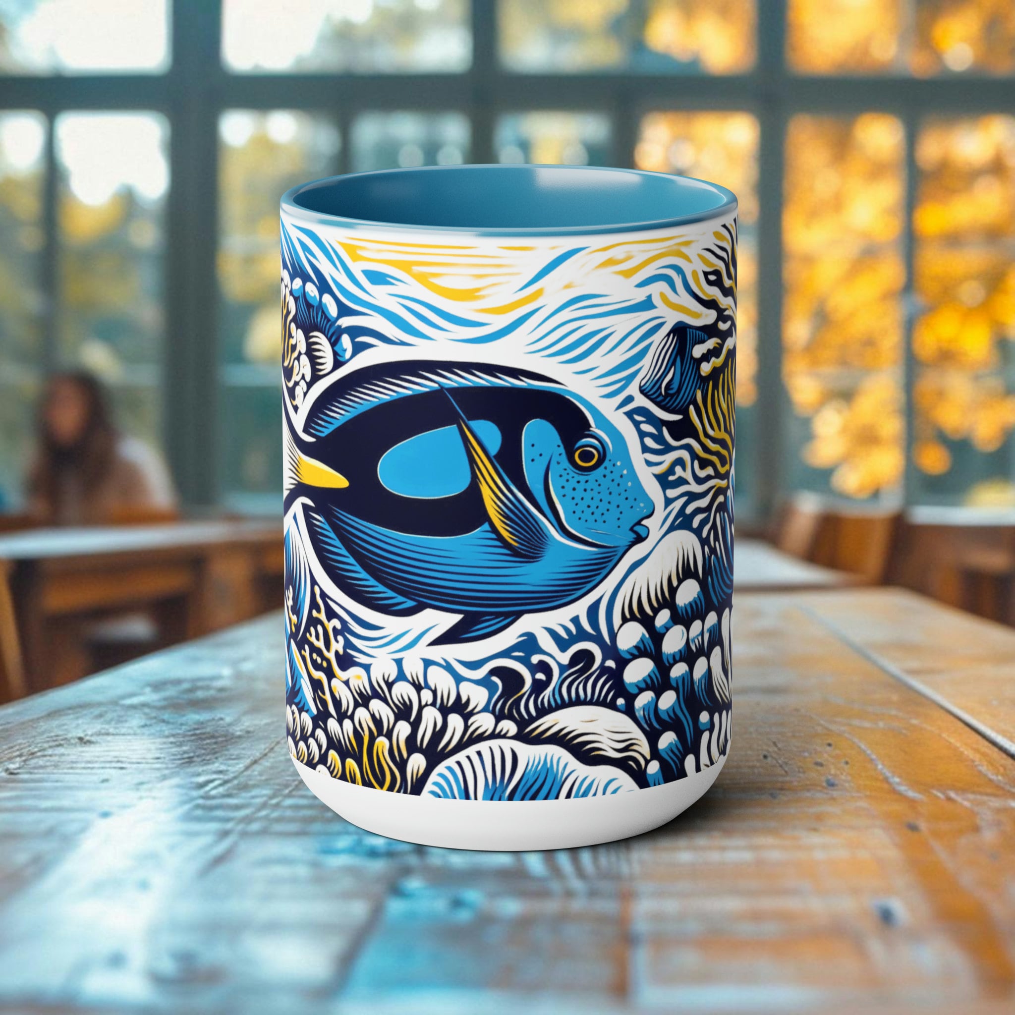 Blue Tang Coffee Mug - Elegant Woodcut Design Drinkware, Unique Ocean Creature Cup, Artistic Blue Tang, Gift for Marine Life Lover - Chromatic Safari - Blue -