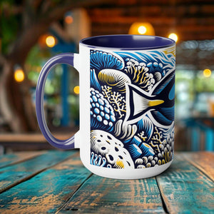 Blue Tang Coffee Mug - Elegant Woodcut Design Drinkware, Unique Ocean Creature Cup, Artistic Blue Tang, Gift for Marine Life Lover - Chromatic Safari - Blue -