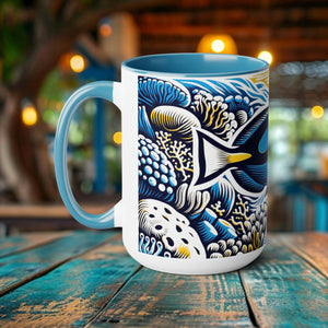 Blue Tang Coffee Mug - Elegant Woodcut Design Drinkware, Unique Ocean Creature Cup, Artistic Blue Tang, Gift for Marine Life Lover - Chromatic Safari - Blue -