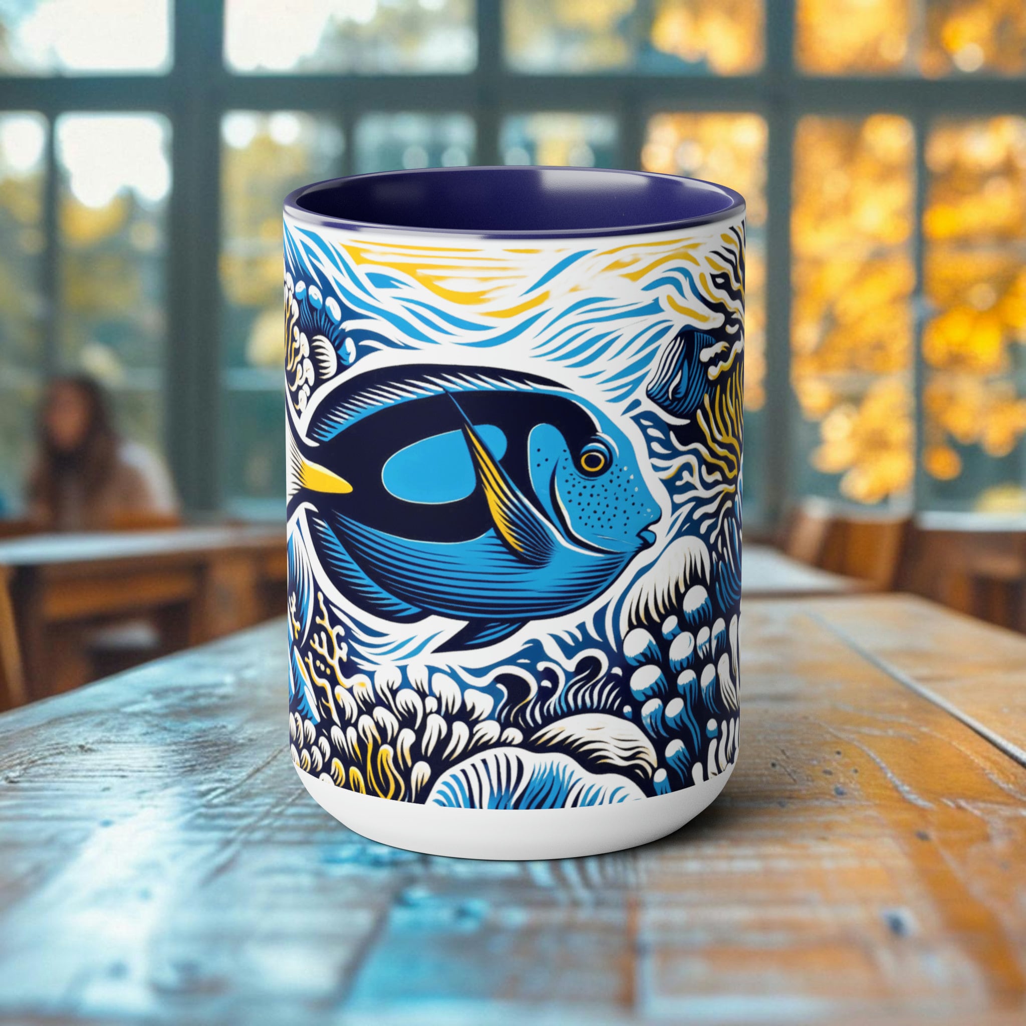 Blue Tang Coffee Mug - Elegant Woodcut Design Drinkware, Unique Ocean Creature Cup, Artistic Blue Tang, Gift for Marine Life Lover - Chromatic Safari - Blue -