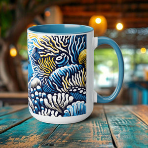 Blue Tang Coffee Mug - Elegant Woodcut Design Drinkware, Unique Ocean Creature Cup, Artistic Blue Tang, Gift for Marine Life Lover - Chromatic Safari - Light Blue -