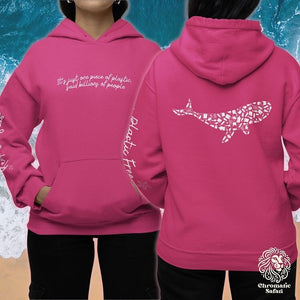 Blue Whale Design Hoodie: Eco-Friendly, Artistic Sweatshirt for Marine Life Enthusiasts, Perfect for Ocean Conservation Supporters - Chromatic Safari - Heliconia - S