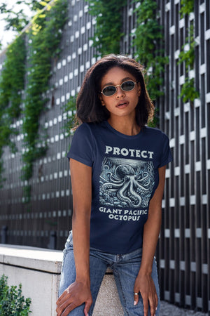 Comfort Colors Giant Pacific Octopus Woodcut Design Artistic Ocean Life T-Shirt | Unique Sea Creature comfortcolor shirt comfortcolors - Chromatic Safari - Navy - S