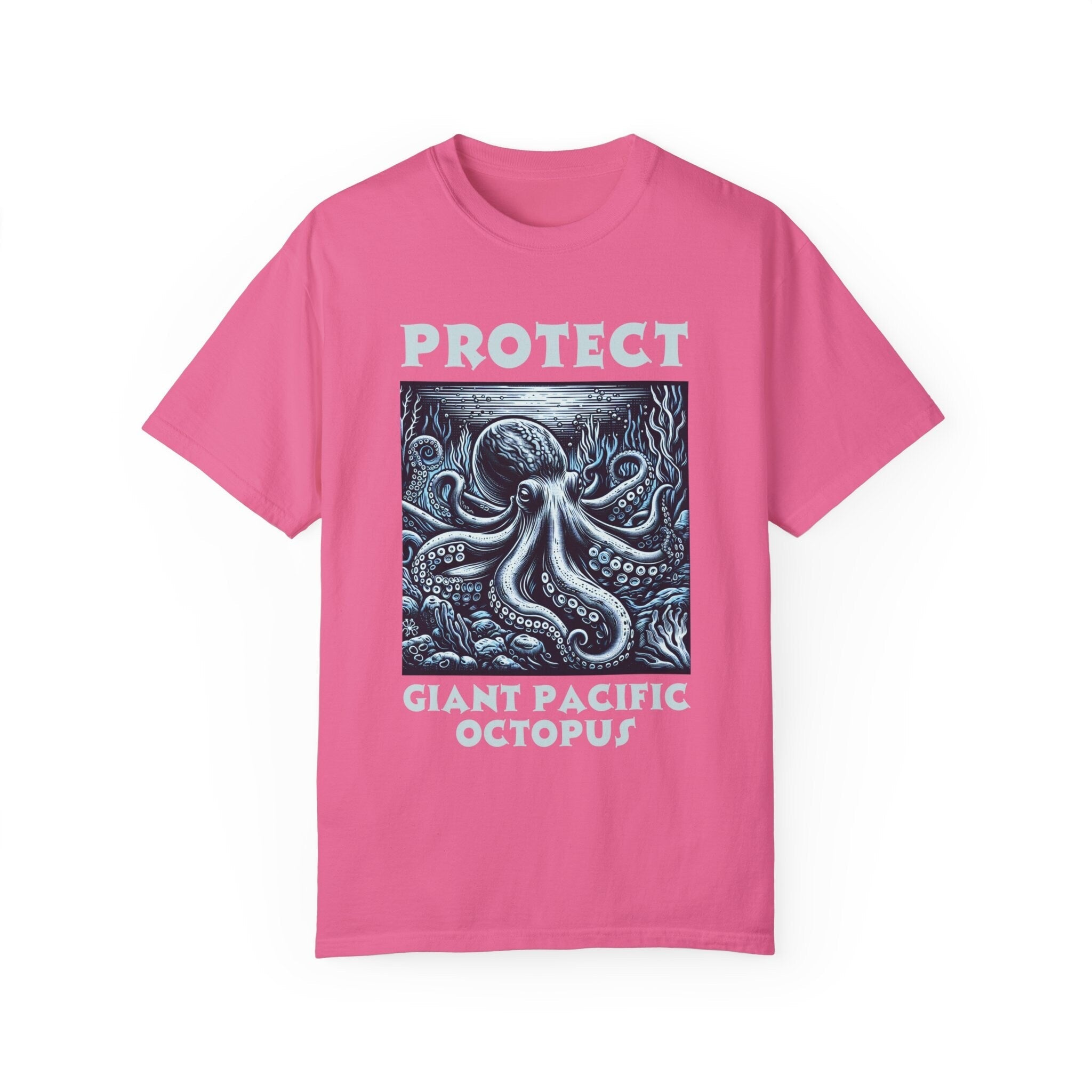 Comfort Colors Giant Pacific Octopus Woodcut Design Artistic Ocean Life T-Shirt | Unique Sea Creature comfortcolor shirt comfortcolors - Chromatic Safari - Navy - S