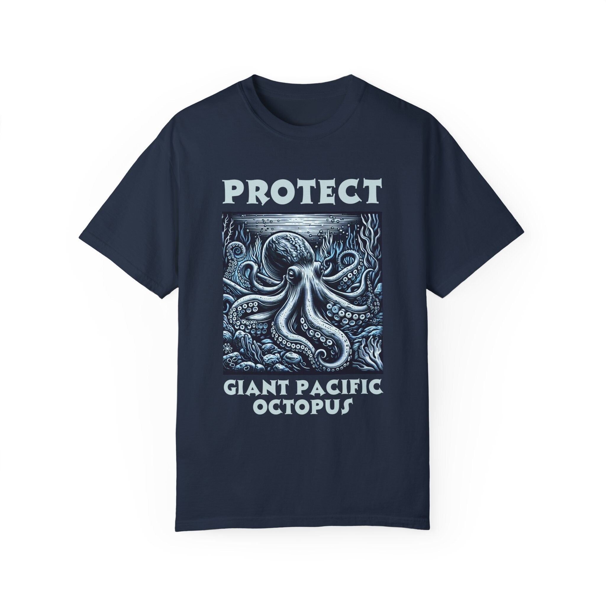 Comfort Colors Giant Pacific Octopus Woodcut Design Artistic Ocean Life T-Shirt | Unique Sea Creature comfortcolor shirt comfortcolors - Chromatic Safari - Navy - S