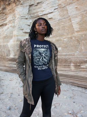 Comfort Colors Giant Pacific Octopus Woodcut Design Artistic Ocean Life T-Shirt | Unique Sea Creature comfortcolor shirt comfortcolors - Chromatic Safari - Navy - S