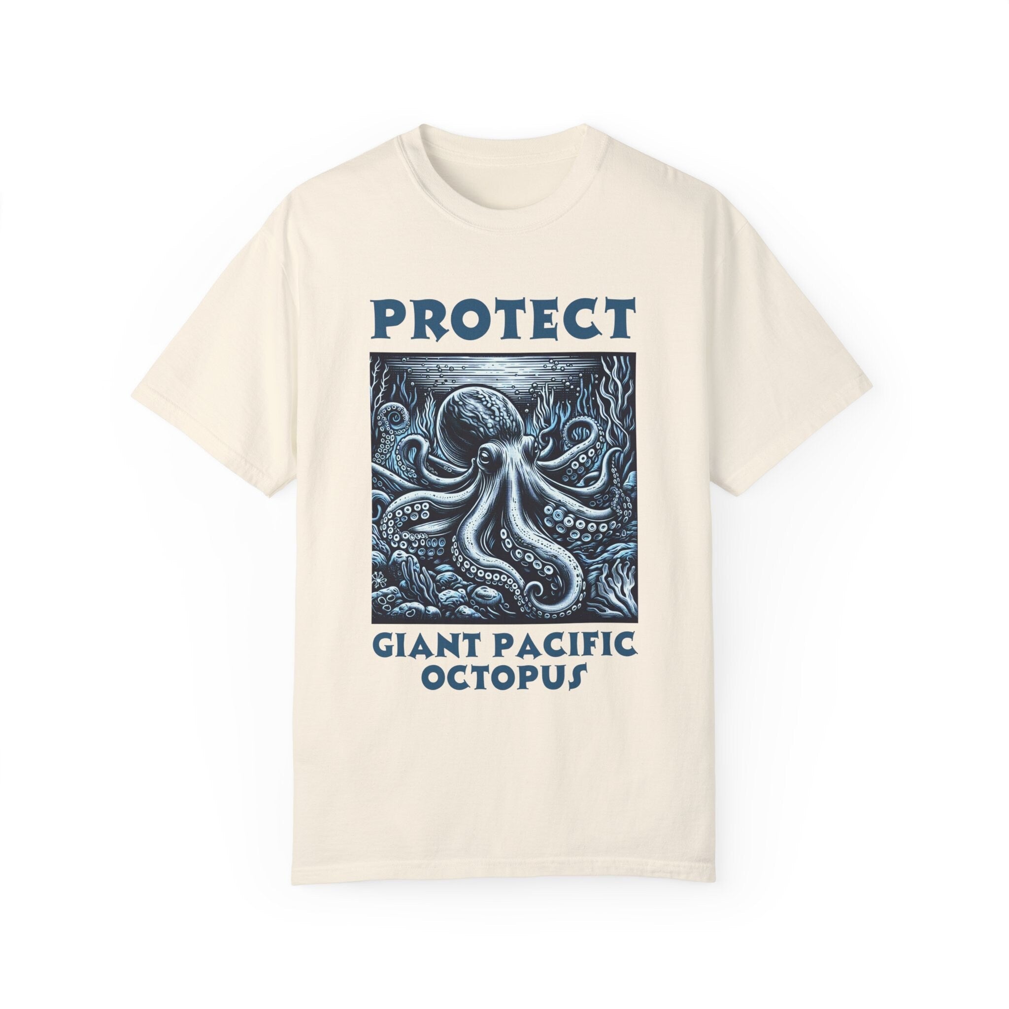 Comfort Colors Giant Pacific Octopus Woodcut Design Artistic Ocean Life T-Shirt | Unique Sea Creature comfortcolor shirt comfortcolors - Chromatic Safari - Navy - S