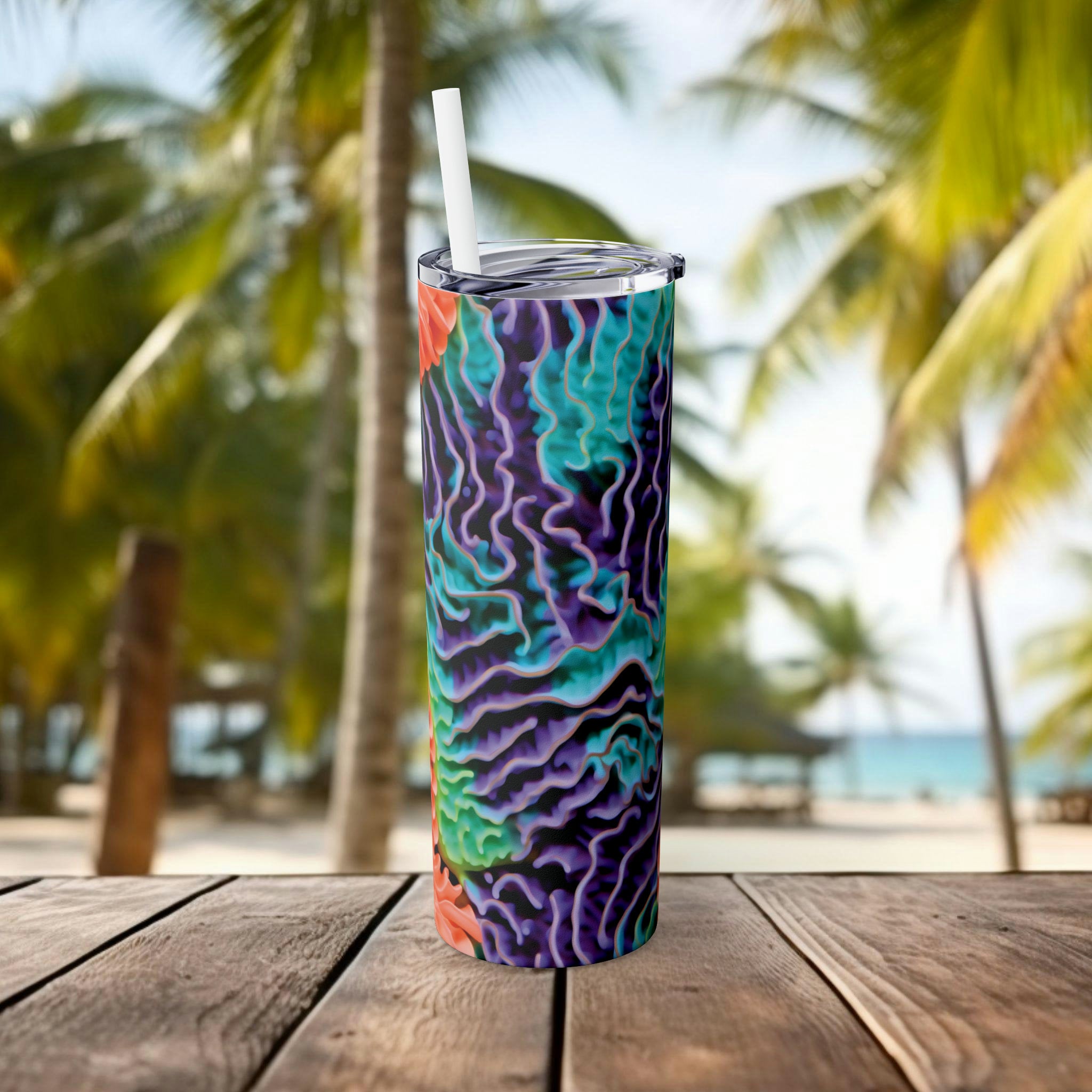 Coral Close-Up 20oz Skinny Tumbler | Insulated Stainless Steel Cup with Straw for Marine Enthusiasts and Eco-Conscious Drinkers - Chromatic Safari - -