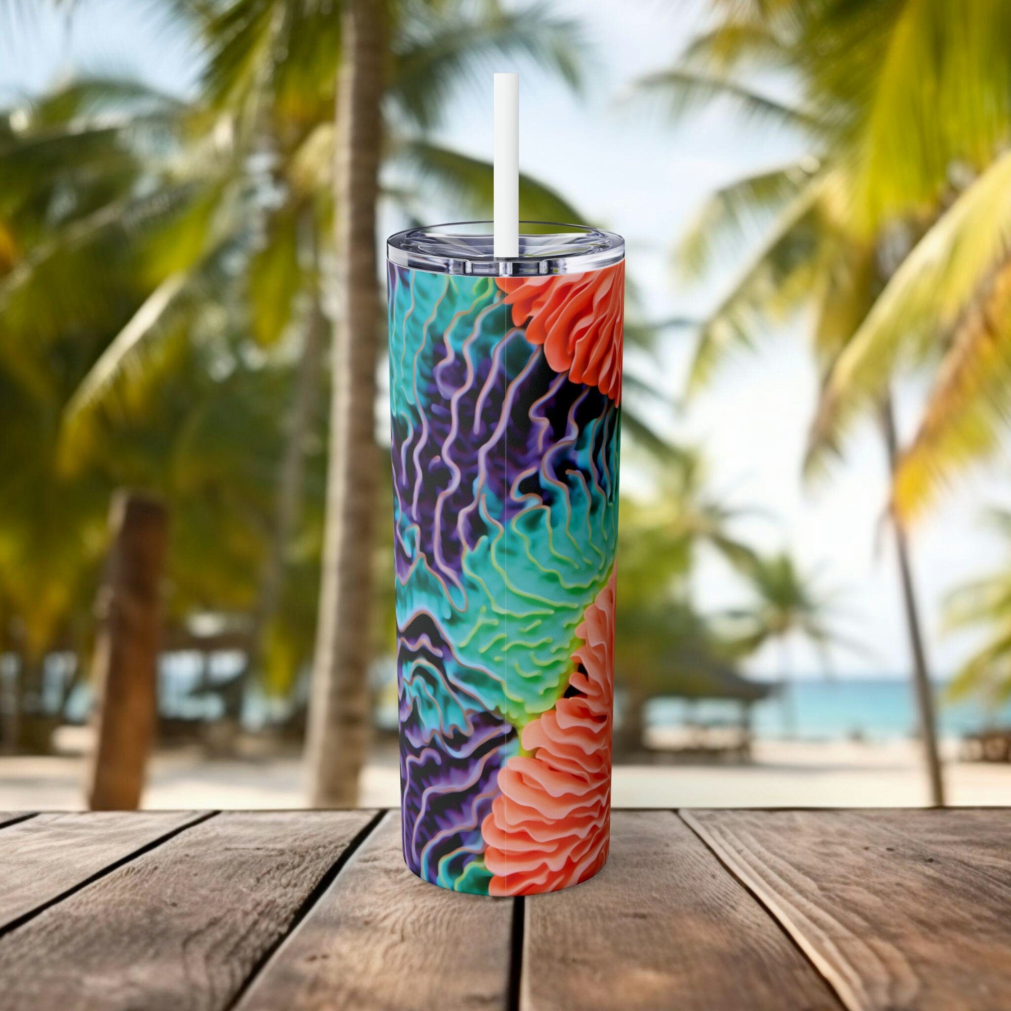 Coral Close-Up 20oz Skinny Tumbler | Insulated Stainless Steel Cup with Straw for Marine Enthusiasts and Eco-Conscious Drinkers - Chromatic Safari - -