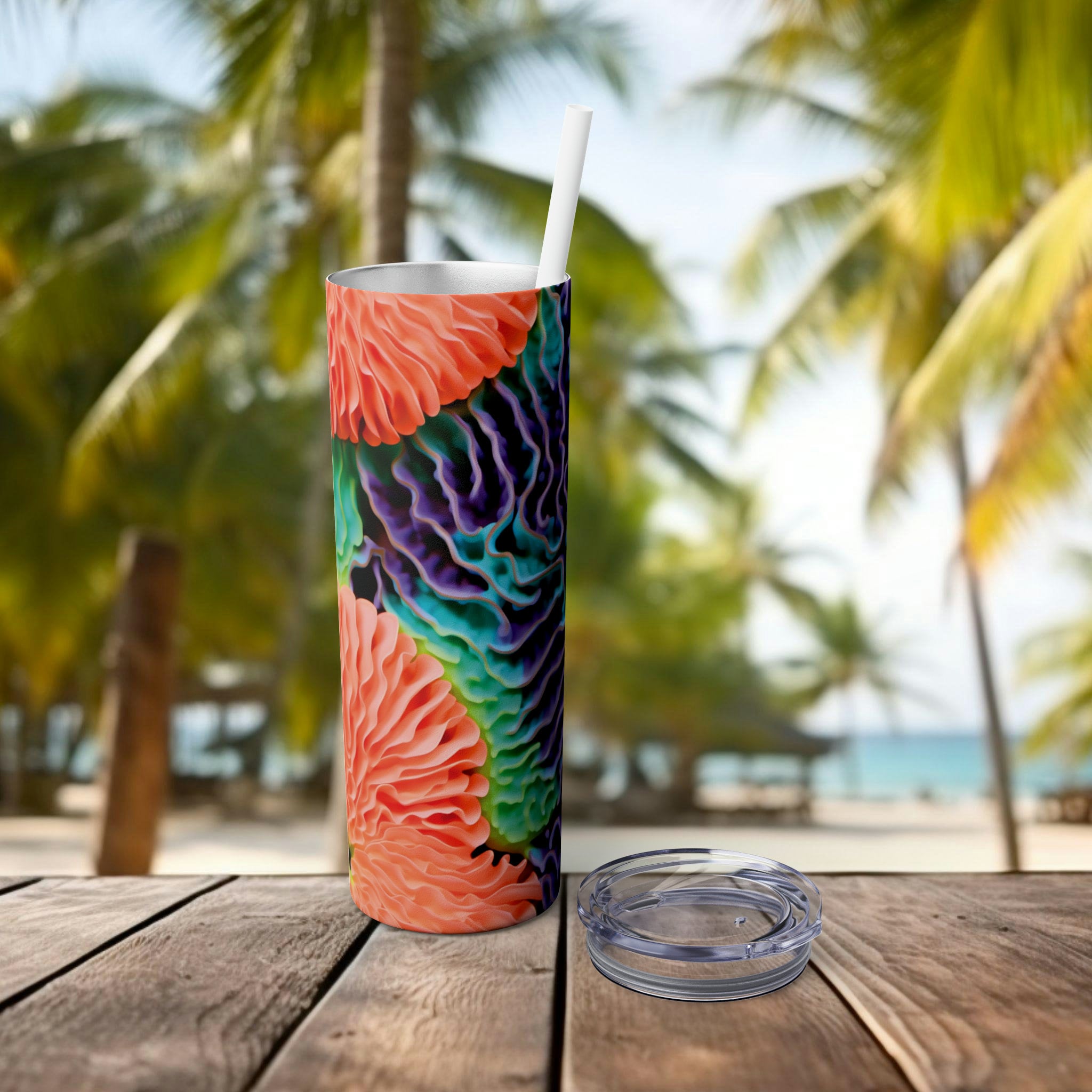 Coral Close-Up 20oz Skinny Tumbler | Insulated Stainless Steel Cup with Straw for Marine Enthusiasts and Eco-Conscious Drinkers - Chromatic Safari - -