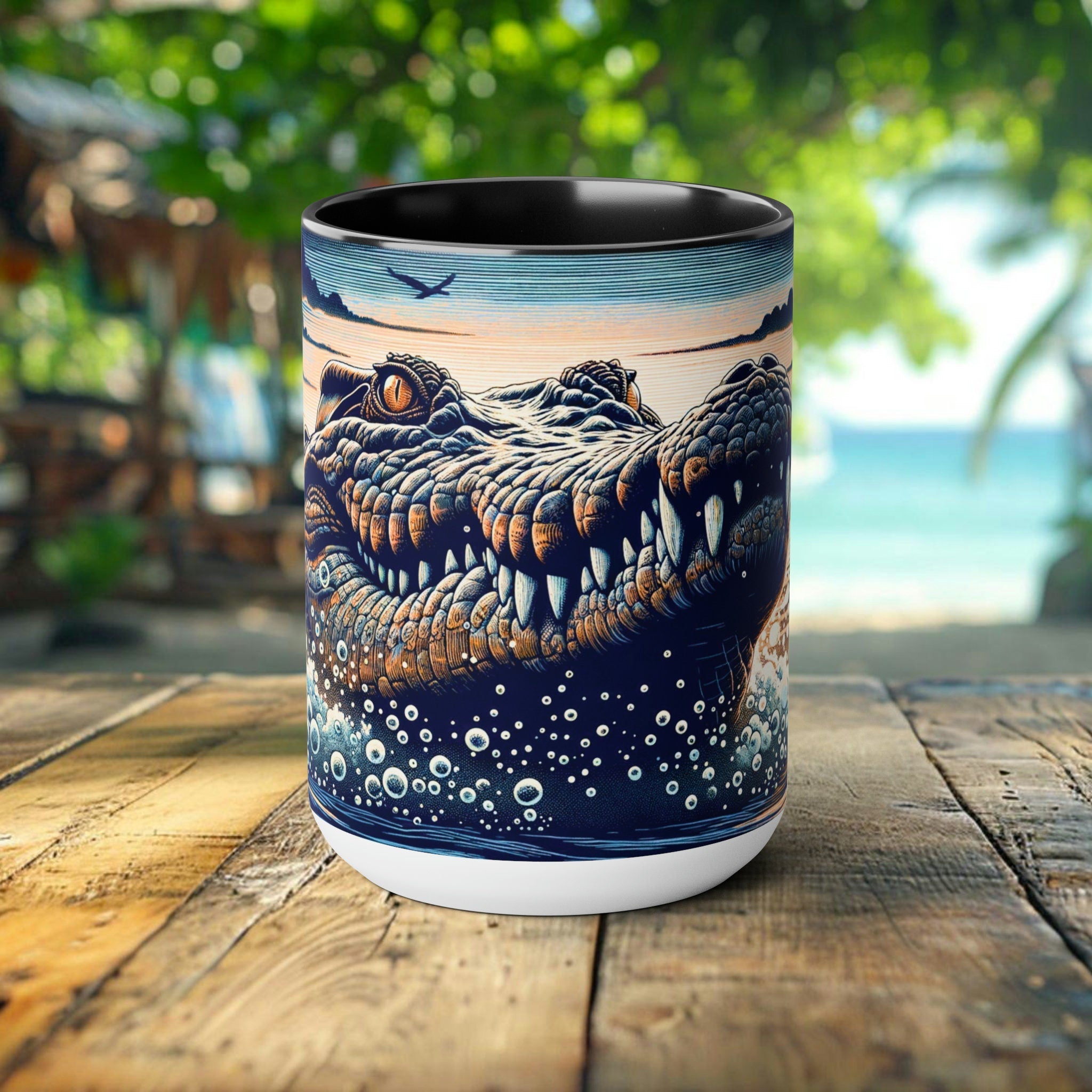 Crocodile Coffee and Tea Mug | 15oz White Coffee Cup | Perfect Dishwasher-Safe Gift for Wildlife Lovers Eco Friend - Chromatic Safari - Black -