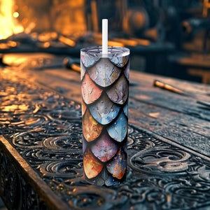 Dragon Scale Design 20oz Skinny Tumbler with Straw | Thermal Insulated Stainless Steel Cup for Fantasy Enthusiasts - Chromatic Safari - -