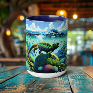 Eco-Friend Marine Iguana Woodcut Design Mug 15oz - Perfect Gift for Nature and Ocean Life Enthusiasts - Chromatic Safari - Blue -