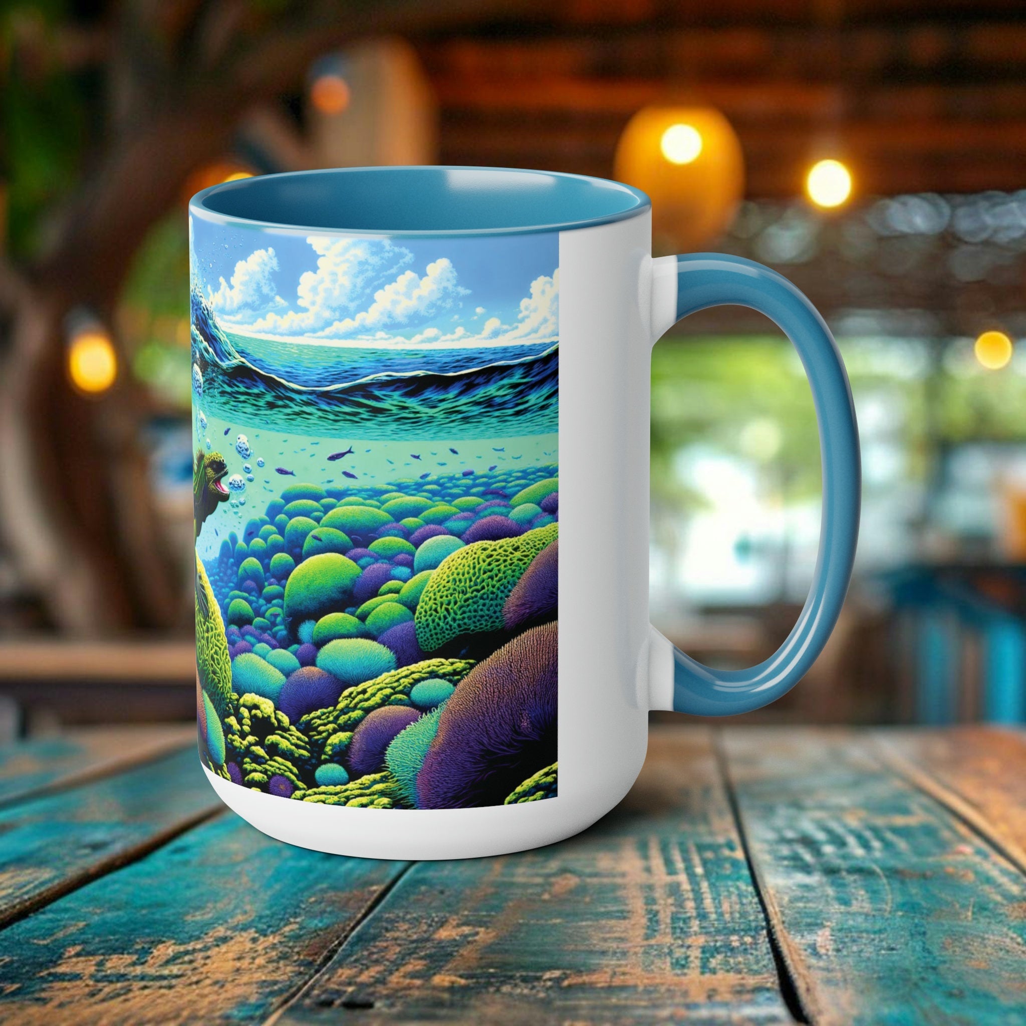 Eco-Friend Marine Iguana Woodcut Design Mug 15oz - Perfect Gift for Nature and Ocean Life Enthusiasts - Chromatic Safari - Blue -