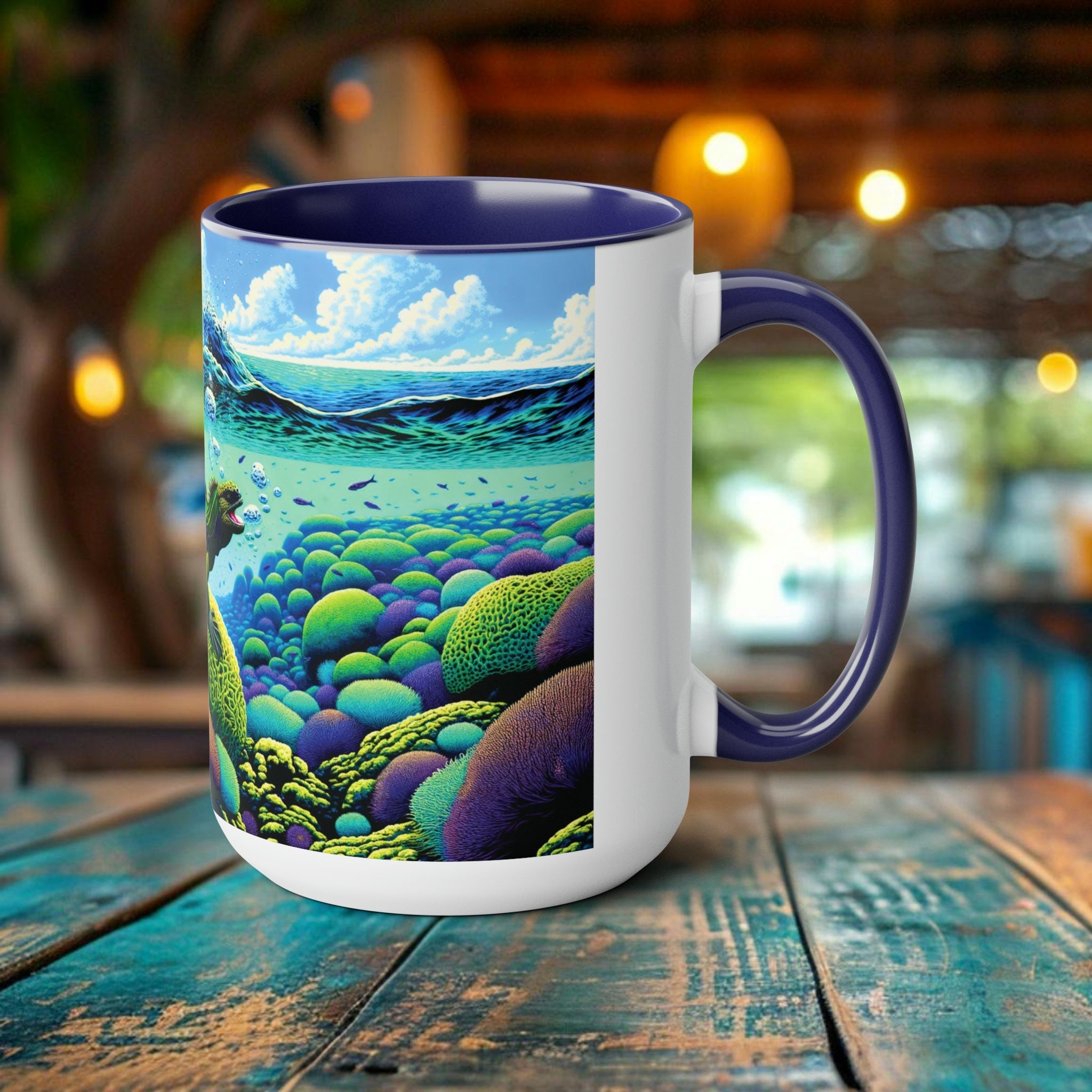 Eco-Friend Marine Iguana Woodcut Design Mug 15oz - Perfect Gift for Nature and Ocean Life Enthusiasts - Chromatic Safari - Blue -