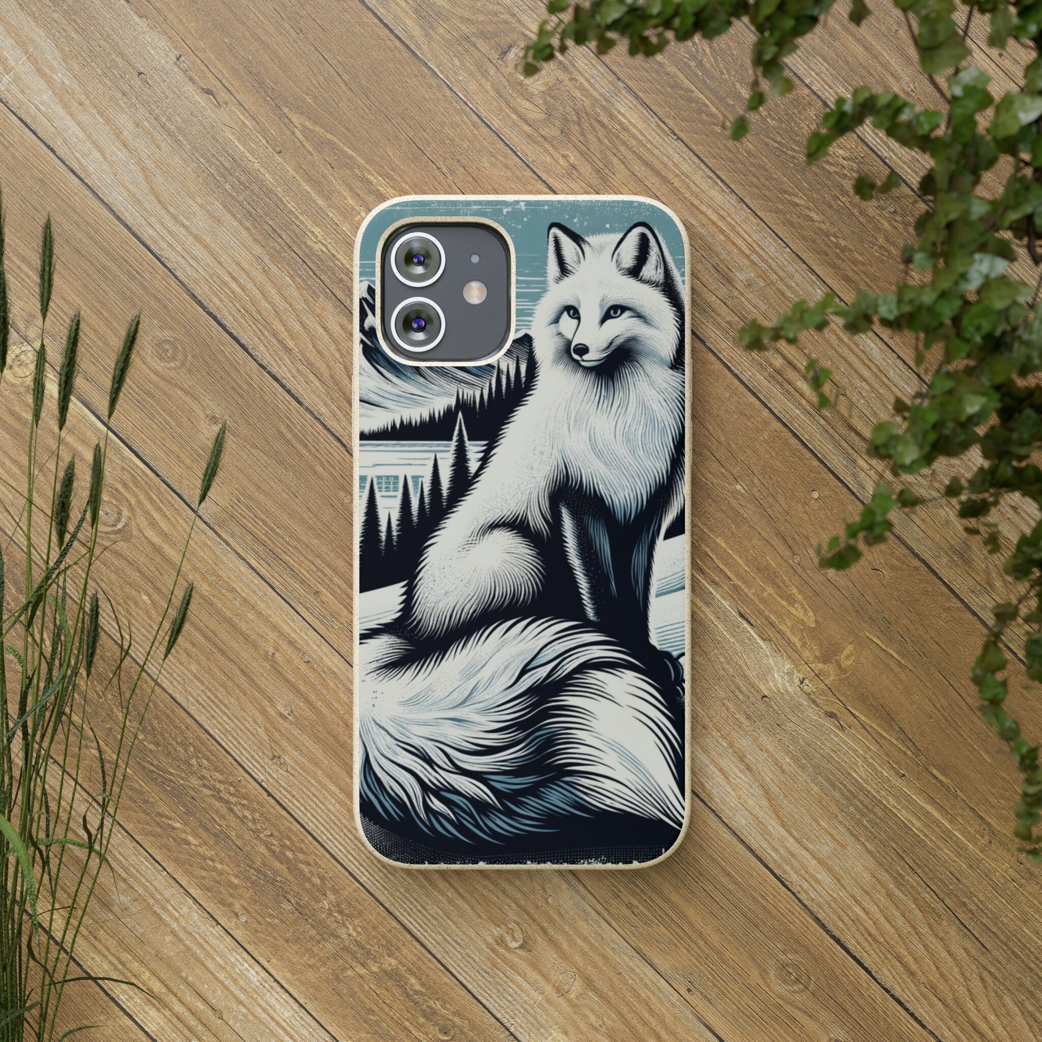 Eco-Friendly Biodegradable Phone Case with Snow Fox Woodcut Design, Rustic Aesthetic, Compostable Protective Smartphone Cover - Chromatic Safari - iPhone 13 -