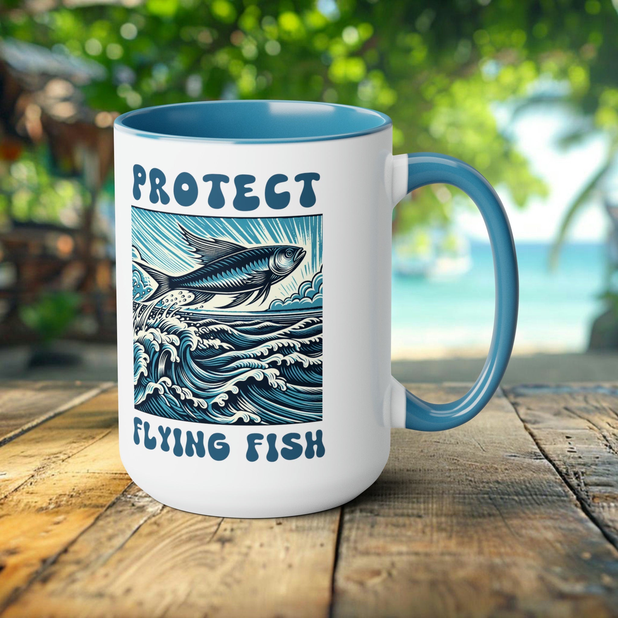 Flying Fish Woodcut Design Mug - Artistic Ocean-Themed Ceramic Coffee Cup - Unique Handcrafted Nautical Drinkware Gift Idea - Chromatic Safari - Blue -