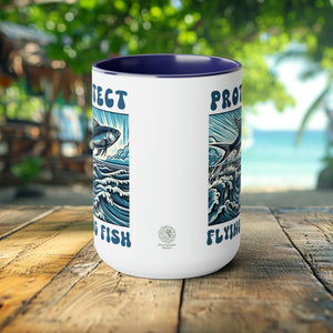 Flying Fish Woodcut Design Mug - Artistic Ocean-Themed Ceramic Coffee Cup - Unique Handcrafted Nautical Drinkware Gift Idea - Chromatic Safari - Blue -