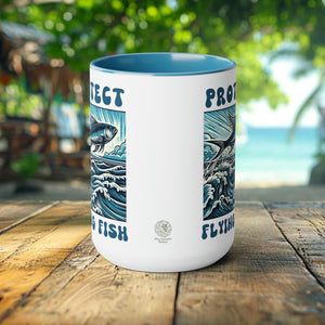 Flying Fish Woodcut Design Mug - Artistic Ocean-Themed Ceramic Coffee Cup - Unique Handcrafted Nautical Drinkware Gift Idea - Chromatic Safari - Blue -