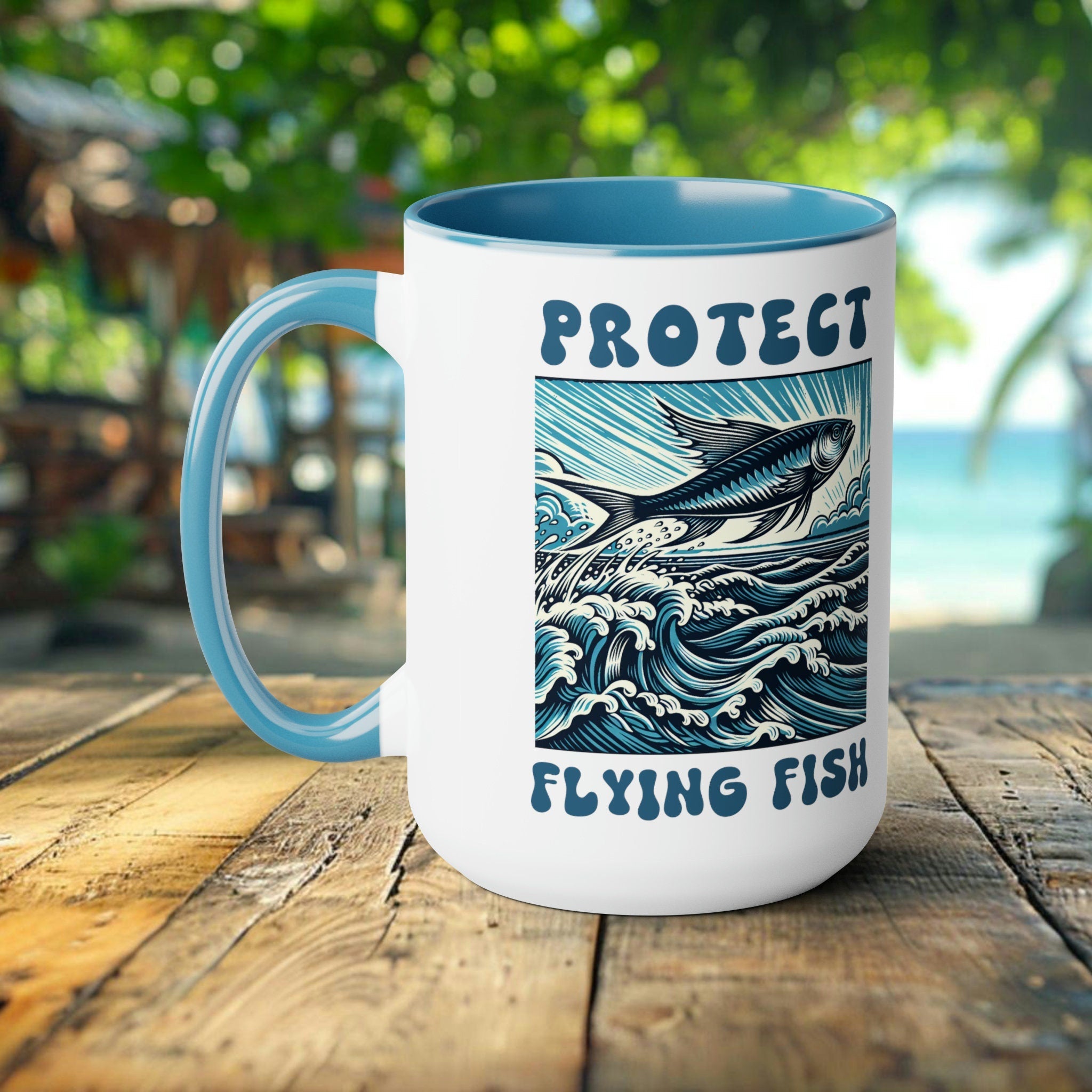 Flying Fish Woodcut Design Mug - Artistic Ocean-Themed Ceramic Coffee Cup - Unique Handcrafted Nautical Drinkware Gift Idea - Chromatic Safari - Blue -