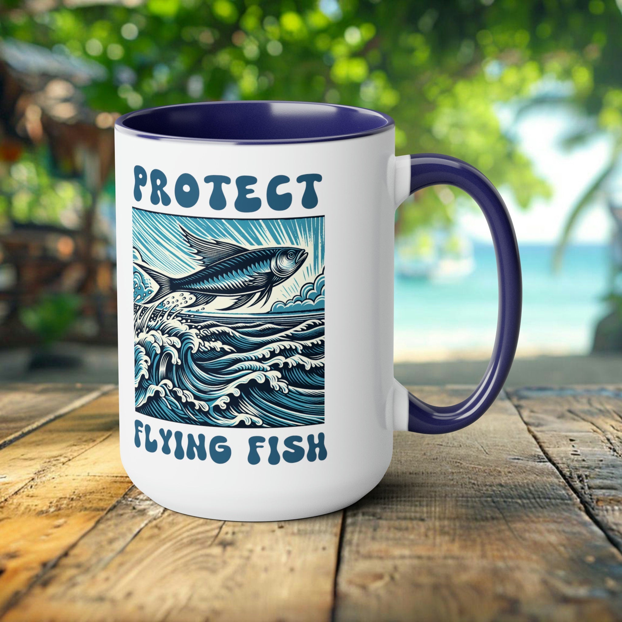 Flying Fish Woodcut Design Mug - Artistic Ocean-Themed Ceramic Coffee Cup - Unique Handcrafted Nautical Drinkware Gift Idea - Chromatic Safari - Blue -