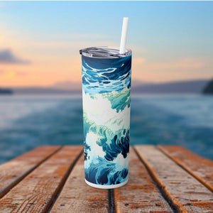 Gifted Ocean&#39;s masterpiece: A stylish skinny tumbler & straw, blending artful ocean aesthetics with mission save sea creatures plastic waste - Chromatic Safari - -