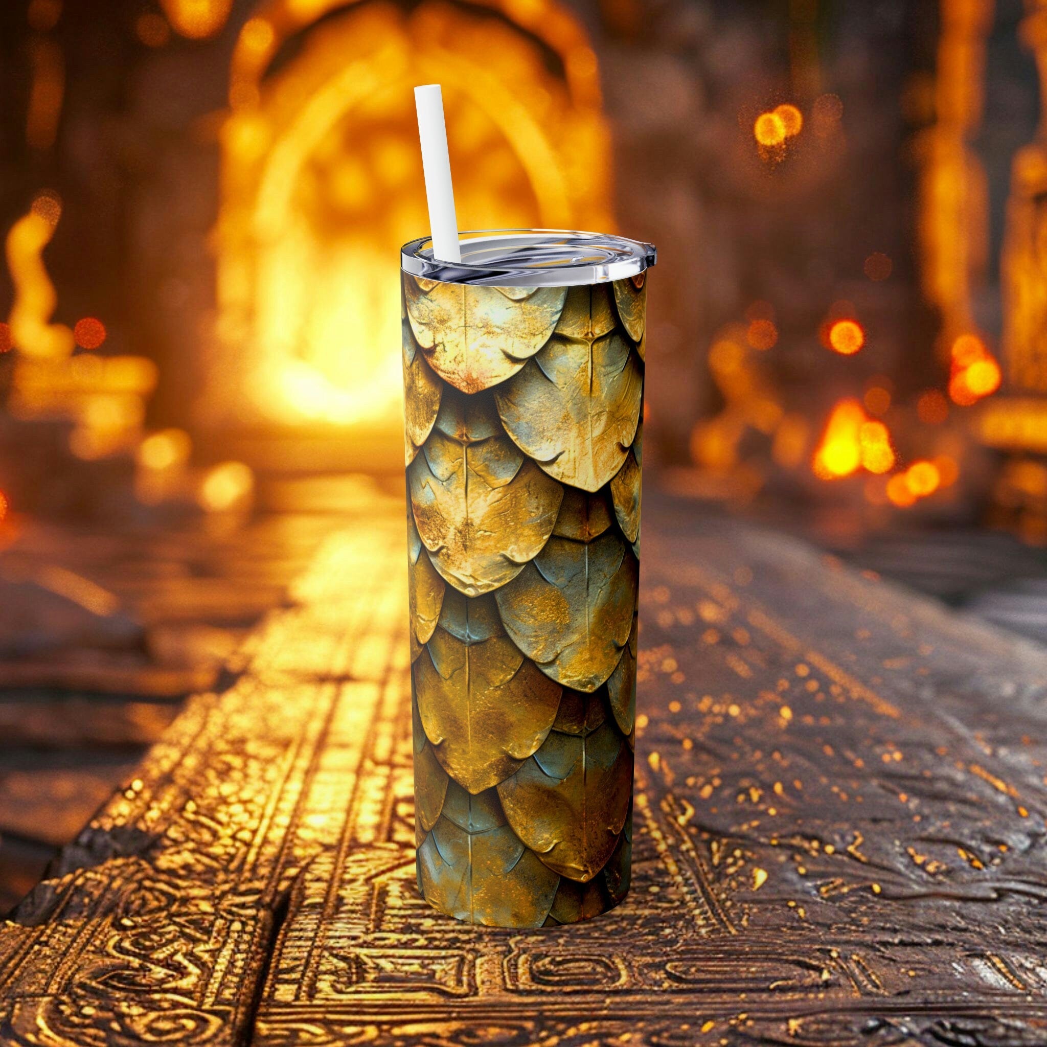 Gold Dragon Scales 20oz Skinny Tumbler | Insulated Stainless Steel Travel Cup, Ideal for Fantasy Fans, Includes Matching Straw - Chromatic Safari - -