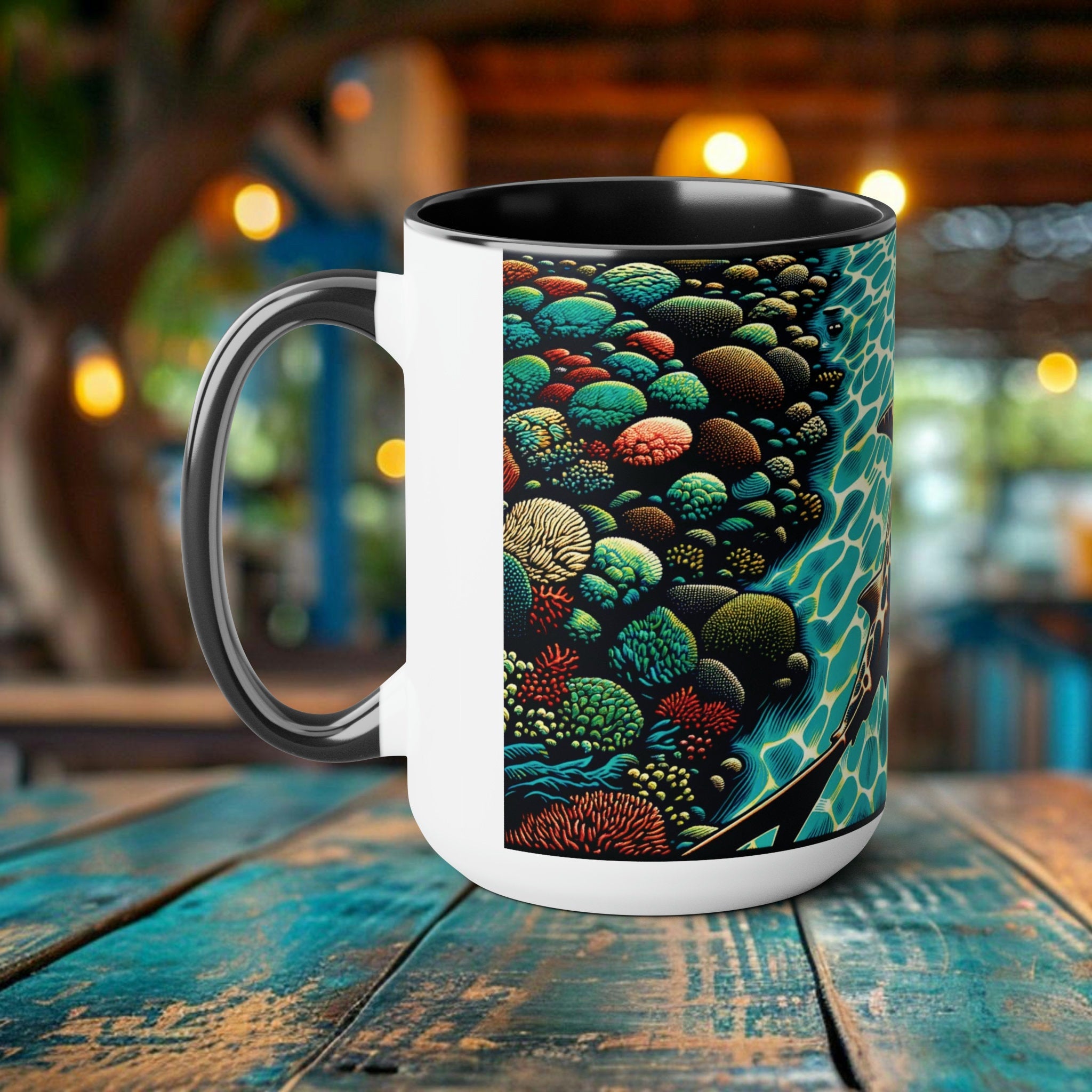 Hammerhead Shark Coffee Tea Mug 15oz - Ocean Enthusiast Coffee Cup with Unique Shark Woodcut Design, Eco-Friendly, Eco Friend Shar k - Chromatic Safari - Black -