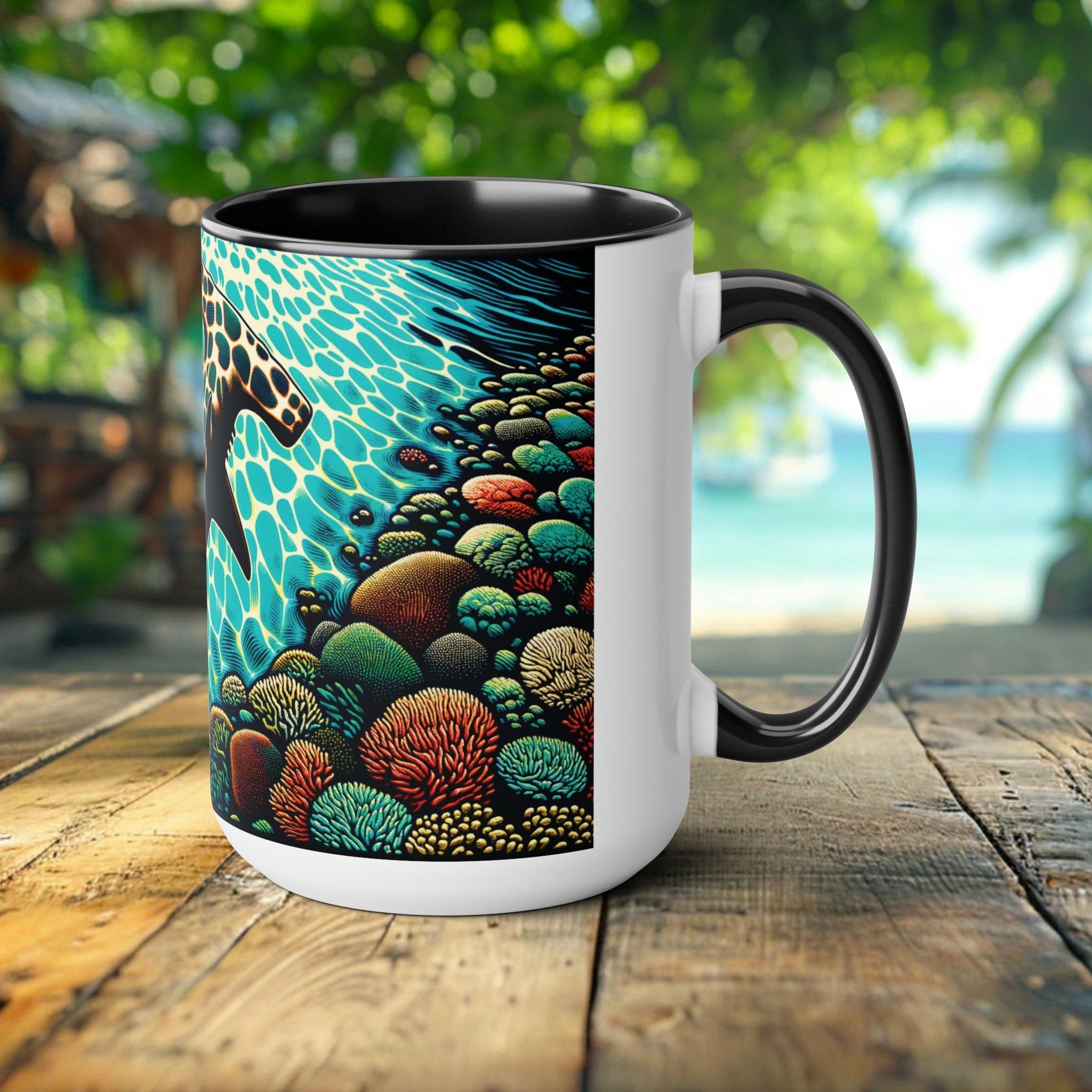 Hammerhead Shark Coffee Tea Mug 15oz - Ocean Enthusiast Coffee Cup with Unique Shark Woodcut Design, Eco-Friendly, Eco Friend Shar k - Chromatic Safari - Black -