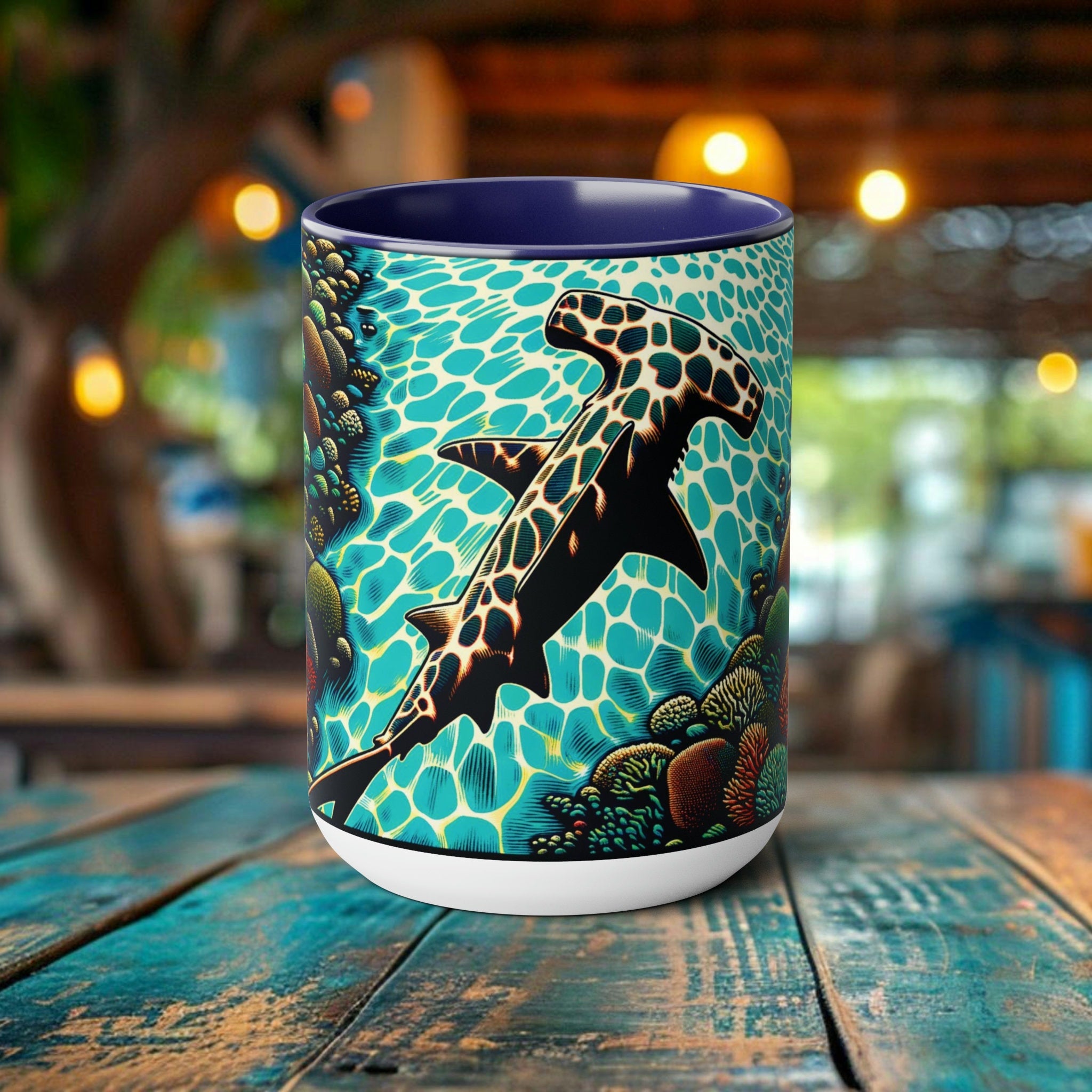 Hammerhead Shark Coffee Tea Mug 15oz - Ocean Enthusiast Coffee Cup with Unique Shark Woodcut Design, Eco-Friendly, Eco Friend Shar k - Chromatic Safari - Black -