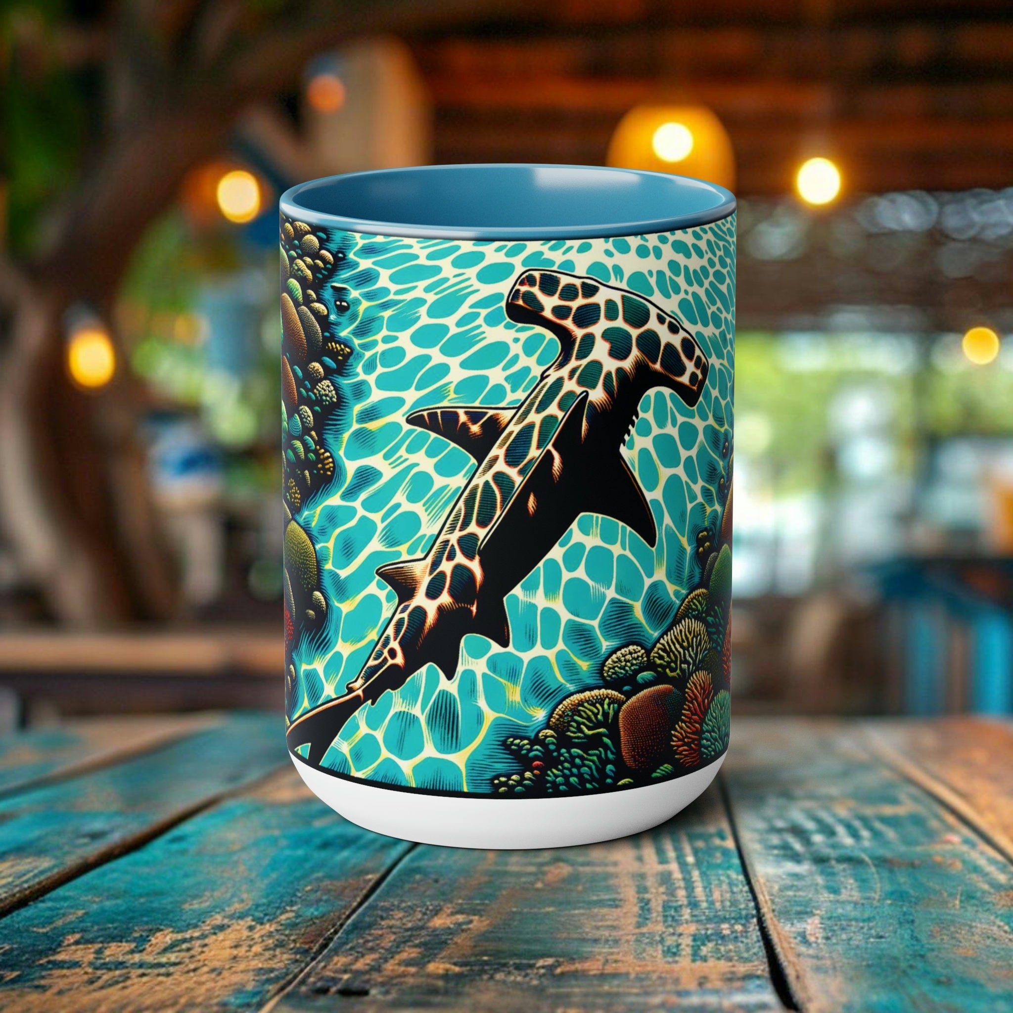 Hammerhead Shark Coffee Tea Mug 15oz - Ocean Enthusiast Coffee Cup with Unique Shark Woodcut Design, Eco-Friendly, Eco Friend Shar k - Chromatic Safari - Black -