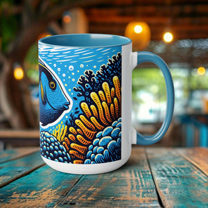 Handcrafted Blue Tang Mug - Artistic Woodcut Design Ocean-Inspired Ceramic Coffee Cup - Unique Gift for Marine Life Lovers and Scuba Divers - Chromatic Safari - Light Blue -