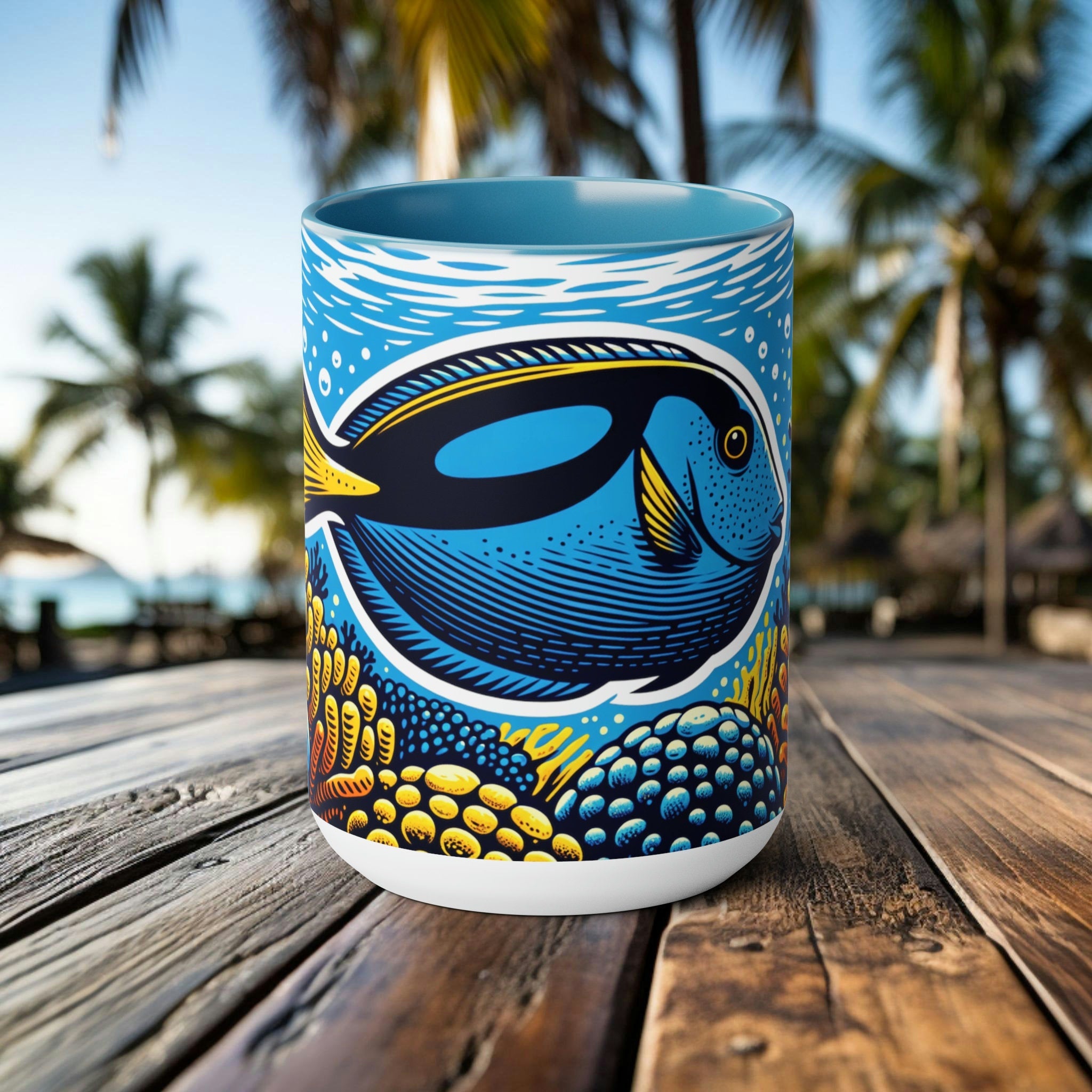 Handcrafted Blue Tang Mug - Artistic Woodcut Design Ocean-Inspired Ceramic Coffee Cup - Unique Gift for Marine Life Lovers and Scuba Divers - Chromatic Safari - Blue -