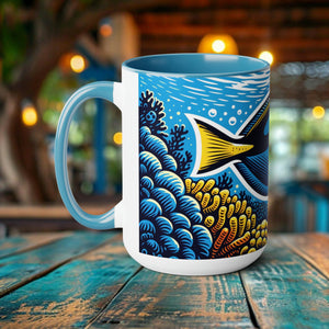 Handcrafted Blue Tang Mug - Artistic Woodcut Design Ocean-Inspired Ceramic Coffee Cup - Unique Gift for Marine Life Lovers and Scuba Divers - Chromatic Safari - Blue -