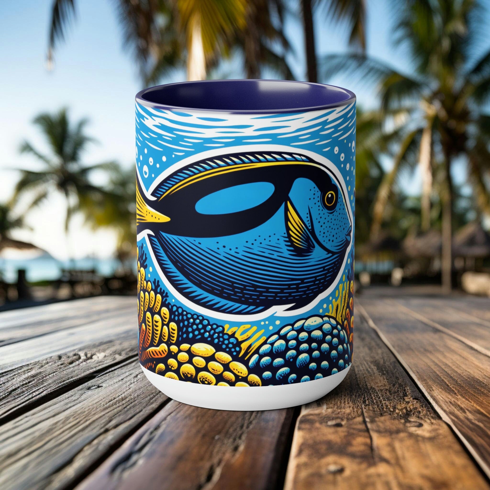 Handcrafted Blue Tang Mug - Artistic Woodcut Design Ocean-Inspired Ceramic Coffee Cup - Unique Gift for Marine Life Lovers and Scuba Divers - Chromatic Safari - Light Blue -