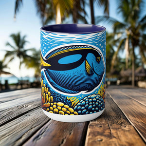 Handcrafted Blue Tang Mug - Artistic Woodcut Design Ocean-Inspired Ceramic Coffee Cup - Unique Gift for Marine Life Lovers and Scuba Divers - Chromatic Safari - Light Blue -