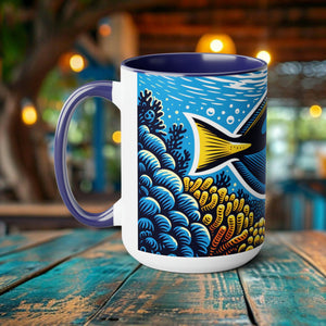 Handcrafted Blue Tang Mug - Artistic Woodcut Design Ocean-Inspired Ceramic Coffee Cup - Unique Gift for Marine Life Lovers and Scuba Divers - Chromatic Safari - Light Blue -