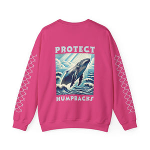 Handcrafted Humpback Whale Woodcut Design Sweatshirt | Unique Ocean-Inspired Eco-Friendly Pullover | Artistic Unisex Sea Life Apparel - Chromatic Safari - S - Heliconia