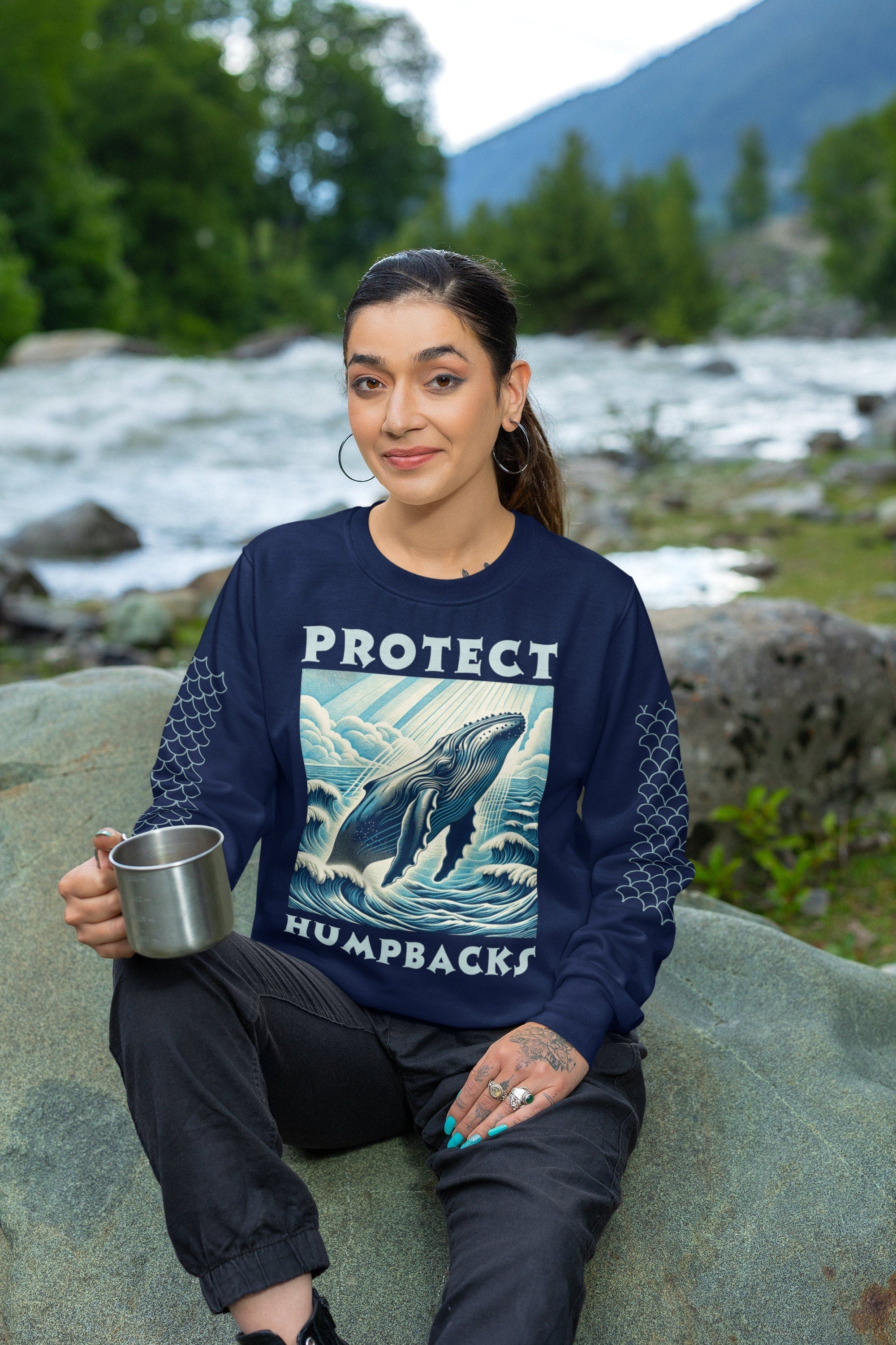 Handcrafted Humpback Whale Woodcut Design Sweatshirt | Unique Ocean-Inspired Eco-Friendly Pullover | Artistic Unisex Sea Life Apparel - Chromatic Safari - S - Heliconia